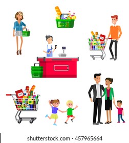 Concept banner for Shop. Vector character people in supermarket, cart, delivery, family shopping. Healthy eating and eco food