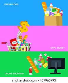 Concept banner for Shop. Vector character people in supermarket, cart, delivery, family shopping. Healthy eating and eco food