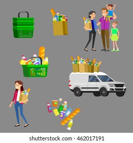 Concept banner for Shop. Vector character people in supermarket, cart, delivery, family shopping. Healthy eating and eco food