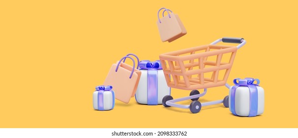 Concept banner with shopping cart, paper bag and gifts in 3d realistic style isolated on yellow background. Vector illustration