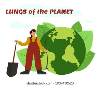 Plantilla de banner de concepto para infografías de sitios web, ilustración de vector plano, medio ambiente y ecología. La gente planta el planeta Tierra con árboles. Pulmones del planeta. Llamado a paisajismo