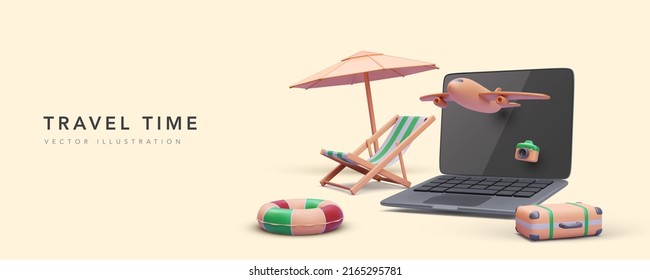 Concept banner for tourism agency in 3d realistic style with laptop, airplane, suitcase, umbrella, beach chair and camera. Vector illustration svg