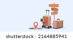 Concept banner for turism in 3d realistic style with map, pointer, road sign, suitcase, camera. Vector illustration