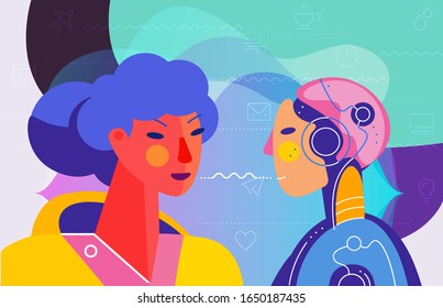 Concept banner with woman using his voice to command to the robot. Robotic voice assistant concept. Trendy bright linear illustration. At home and work, everywhere