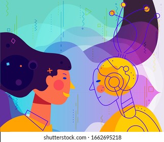 Concept banner with woman using his voice to command to the robot. Robotic voice assistant concept. Trendy bright linear illustration. At home and work, everywhere