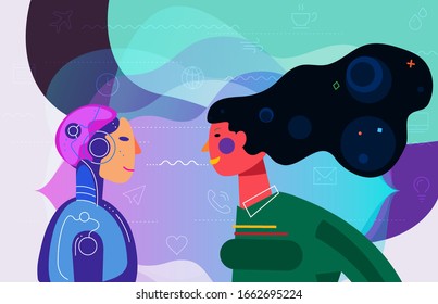 Concept banner with woman using his voice to command to the robot. Robotic voice assistant concept. Trendy bright linear illustration. At home and work, everywhere