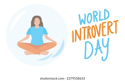 Día de la introversión en el mundo de los pancartas conceptuales, 2 de enero. La mujer está sentada en una burbuja. Día de introvertido de banner web. Ilustración vectorial.