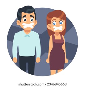 Concept of banning free speech, scared man and woman with their mouths taped shut, unable to speak. Discrimination and censorship. Ignoring people mind. Vector cartoon flat isolated illustration