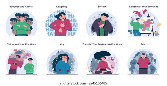 The concept of the BASIC Ph set. Model for coping with grief, emotions management and influence on human atitude. A method for dealing with psychological stress and trauma. Flat vector illustration