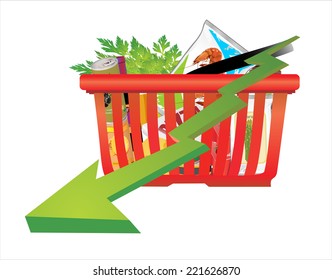 Concept. Basket with goods inside, a green sign with a chart indicate decrease of the prices food