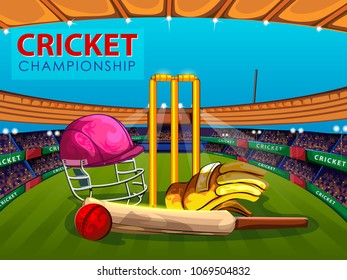 Concept of Bat, ball and helmet of Cricket match sport. Vector illustration