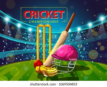 Concept of Bat, ball and helmet of Cricket match sport. Vector illustration