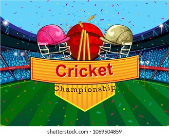 Concept of Bat, ball and helmet of Cricket match sport. Vector illustration