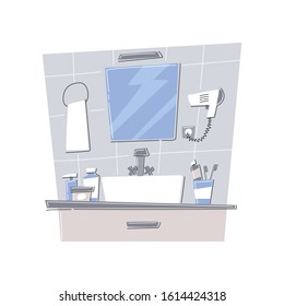 Concept of bathroom with sink, mirror, toothbrushes, hairdryer cover modern trendy flat design. The part of house. Vector illustration on isolated background.