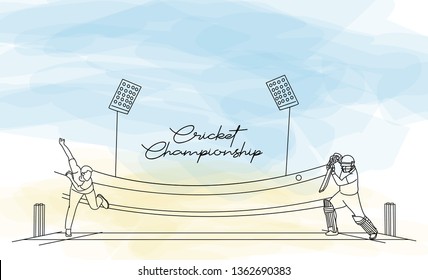 Concept of Batsman playing cricket with Bowler bowling - championship, Line art design Vector illustration.