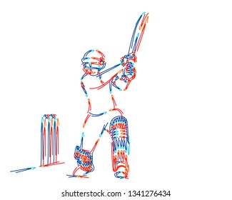 Concept of Batsman playing cricket - championship, 3d Color line art ( RGB ) vector illustration.