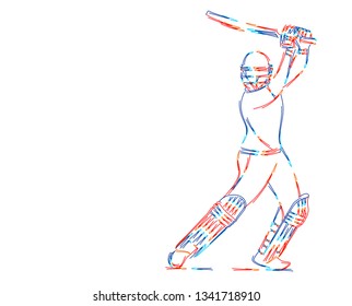 Concept of Batsman playing cricket - championship, 3d Color line art ( RGB ) vector illustration.