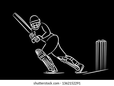 Concept of Batsman playing cricket - championship, Line art design Vector illustration.