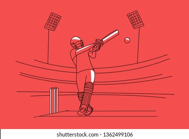 Concept of Batsman playing cricket - championship, Line art design Vector illustration.