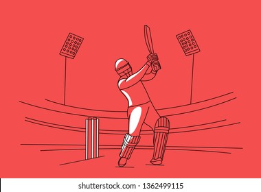 Concept of Batsman playing cricket - championship, Line art design Vector illustration.