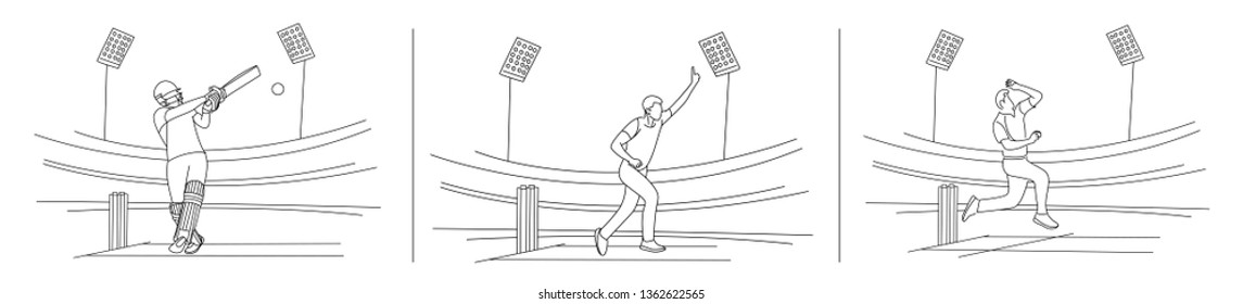 Concept of Batsman playing cricket - championship, Flat Line art vector illustration.