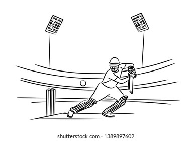 Concept of Batsman playing cricket - championship, Line art design Vector illustration.