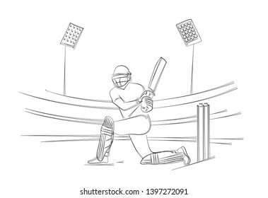 Concept of Batsman playing cricket - championship, Line art design Vector illustration.