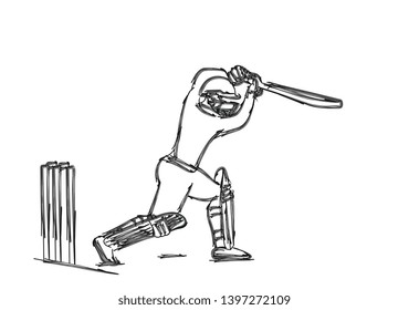 Concept of Batsman playing cricket - championship, Line art design Vector illustration.