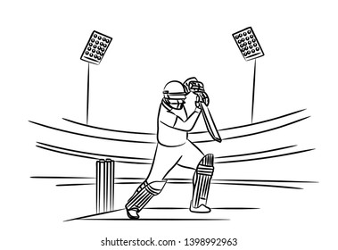 Concept of Batsman Playing Cricket  - championship, Line art design Vector illustration.