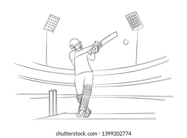 Concept of Batsman Playing Cricket  - championship, Line art design Vector illustration.