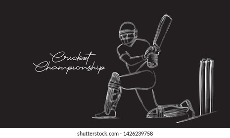 Concept of Batsman Playing Cricket  - championship, Line art design Vector illustration.