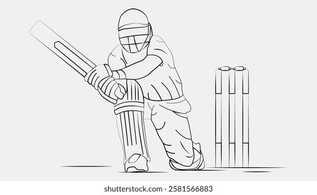 Concept of Batsman playing cricket - championship, Line art design Vector illustration. Cricket Vector Illustration Stylish Cricket Batsman Standing Pose - Line Art Cricket