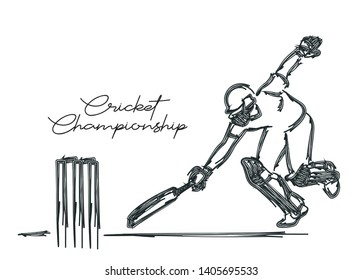 Concept of Batsman playing cricket- cricketer running between the wicket ( Run Out ) - championship, Line art design Vector illustration.