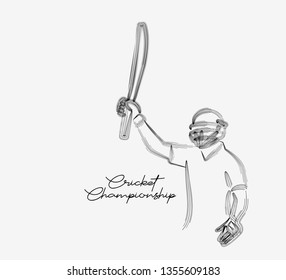 Concept of Batsman playing cricket raises his bat after scoring a full century - championship, Line art design Vector illustration.