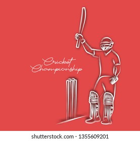 Concept of Batsman playing cricket raises his bat after scoring a full century - championship, Line art design Vector illustration.