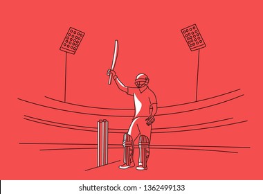 Concept of Batsman playing cricket raises his bat after scoring a full century - championship, Line art design Vector illustration.