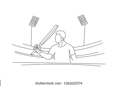 Concept of Batsman playing cricket raises his bat after scoring a full century - championship, Line art design Vector illustration.