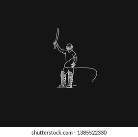 Concept of Batsman playing cricket raises his bat after scoring a full century - championship, Line art design Vector illustration.