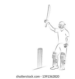 Concept of Batsman playing cricket raises his bat after scoring a full century - championship, Line art design Vector illustration.