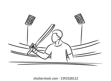 Concept of Batsman playing cricket raises his bat after scoring a full century - championship, Line art design Vector illustration.