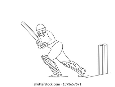 Concept of Batsman playing cricket raises his bat after scoring a full century - championship, Line art design Vector illustration.