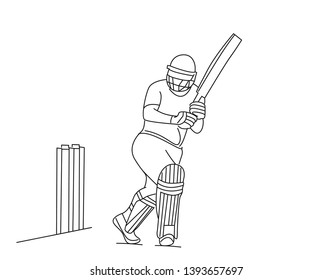 Concept of Batsman playing cricket raises his bat after scoring a full century - championship, Line art design Vector illustration.