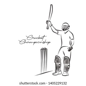 Concept of Batsman playing cricket raises his bat after scoring a full century - championship, Line art design Vector illustration.