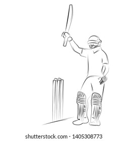 Concept of Batsman playing cricket raises his bat after scoring a full century - championship, Line art design Vector illustration.