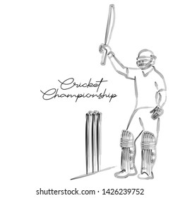 Concept of Batsman playing cricket raises his bat after scoring a full century - championship, Line art design Vector illustration.