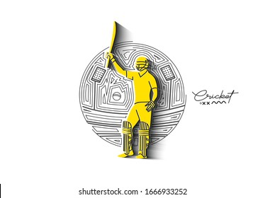 Concept of Batsman playing cricket raises his bat after scoring a full century - championship, Line art design Vector illustration.