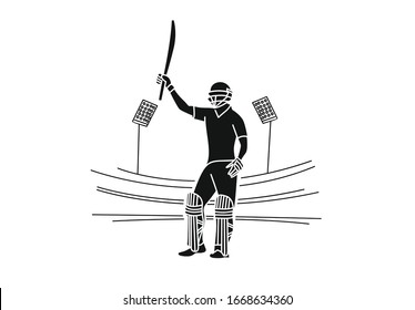 Concept of Batsman playing cricket raises his bat after scoring a full century - championship, Line art design Vector illustration.