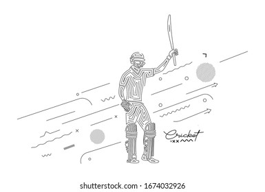 Concept of Batsman playing cricket raises his bat after scoring a full century - championship, Line art design Vector illustration.