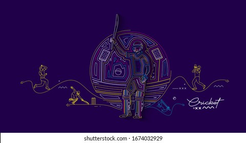 Concept of Batsman playing cricket raises his bat after scoring a full century - championship, Line art design Vector illustration.