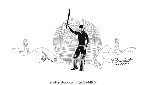 Concept of Batsman playing cricket raises his bat after scoring a full century - championship, Line art design Vector illustration.